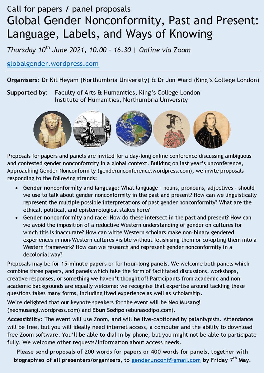 krheyam's tweet image. 🏳️‍⚧️Trans/gender history klaxon! 🏳️‍⚧️Very excited to announce online conference on 10 June, GLOBAL GENDER NONCONFORMITY, PAST AND PRESENT: LANGUAGE, LABELS &amp;amp; WAYS OF KNOWING. Open to all, not just academics: send proposals by 7 May. More at globalgender.wordpress.com. Pls share widely!