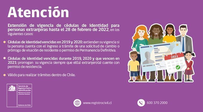 RegCivil_RM's tweet photo. No olvidar que se extendió vigencia de cédulas para extranjeros (as), vencidas 2019, 2020 y que vencen 2021, hasta el 28 febrero de 2022 sólo para trámites dentro del país. Así evitamos aglomeración en ofis 
@RegCivil_Chile Vea aquí las condiciones para acogerse al beneficio. https://t.co/kDw5W2lkan