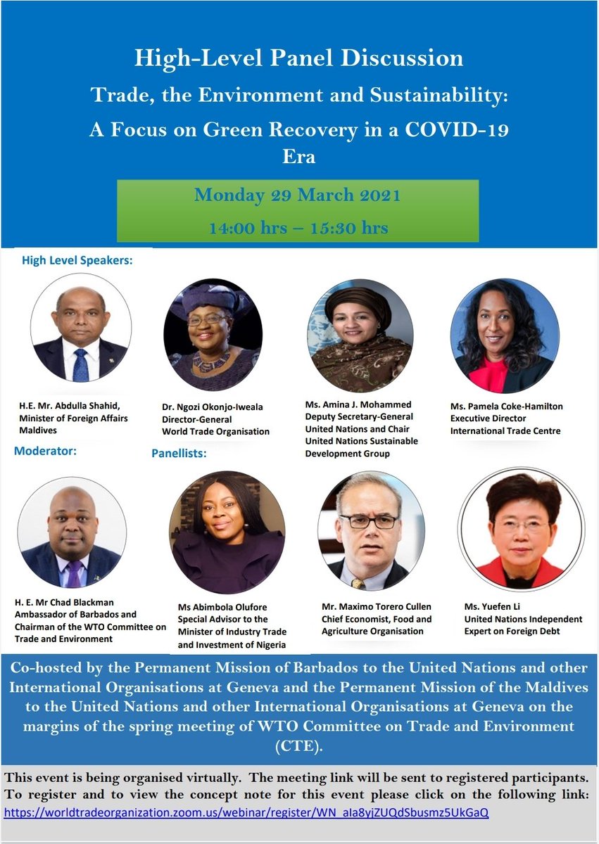 bibi_brambles's tweet image. Pls Join Us atThis High-Level Session on Trade, the Environment &amp;amp; Sustainability, and a Green Recovery in a COVID-19 era in the margins of the @wto  Trade &amp;amp; Environment Committe
 
 #🇧🇧  #🇲🇻
#pandemicproblems
#EconomicVulnerabilities
#Sustainabilityplan