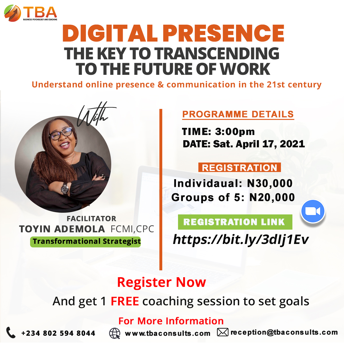 tbaconsults's tweet photo. In order to transcend to the new ways of working virtually, join our virtual training  ''DIGITAL PRESENCE; THE KEY TO TRANSCENDING TO THE FUTURE OF WORK'' 
 Use the link below to register
 https://t.co/RyBcomAMLF https://t.co/ypop1oRfEG