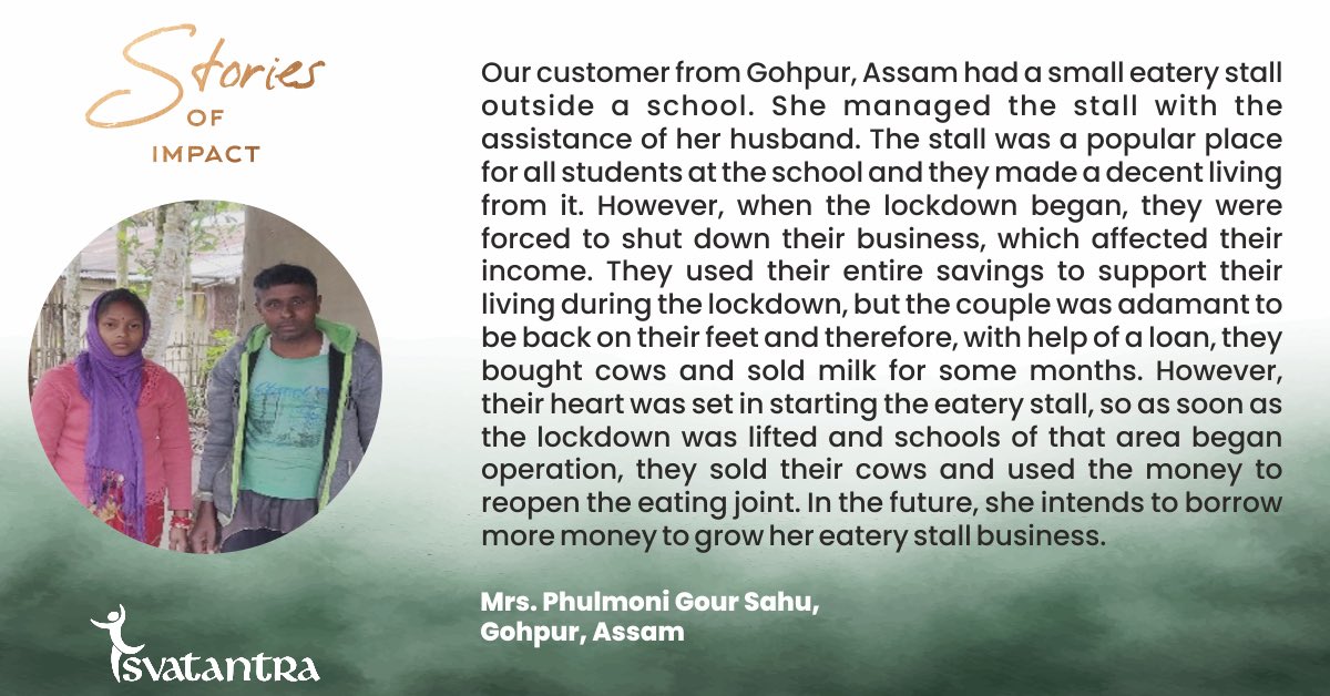 WeAreSvatantra's tweet photo. Our customer, Mrs. Phulmoni Gour Sahu and her husband jointly run a business, but the lockdown affected their work and savings. To support that, she approached Svatantra team for loan. It certainly is a heart-warming experience to have helped her and her family.

#ourcustomer https://t.co/H04Ew9nCaG
