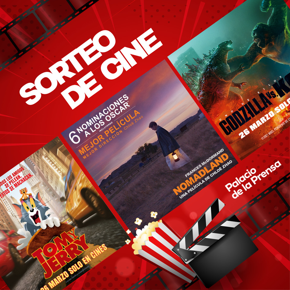 palacioprensa's tweet photo. ¡SORTEO de cine! 🎬🍿

Este viernes 26 de marzo estrenamos #GodzillaVsKong  #TomyJerry 🐱🐭 #Nomadland y para celebrarlo sorteo de 2 entradas dobles + póster 

👉 Sigue @palacioprensa + RT + ❤️ + Menciona película y con quien asistir

Cierre sorteo viernes 26 de marzo a las 12h https://t.co/vCMVckCKQ4