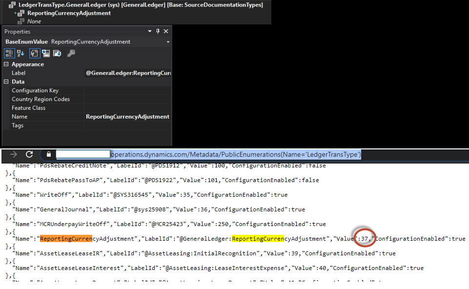 TomFranczyk's tweet photo. If I need to get the enum int value, which isn't displayed in the properties, instead of getting deep into the XML files or use SQL queries, I can use Metadata web API, like this:
https://(any_app)/Metadata/PublicEnumerations(Name='LedgerTransType')
#protip #XppGroupies https://t.co/4cjJAJVKX4
