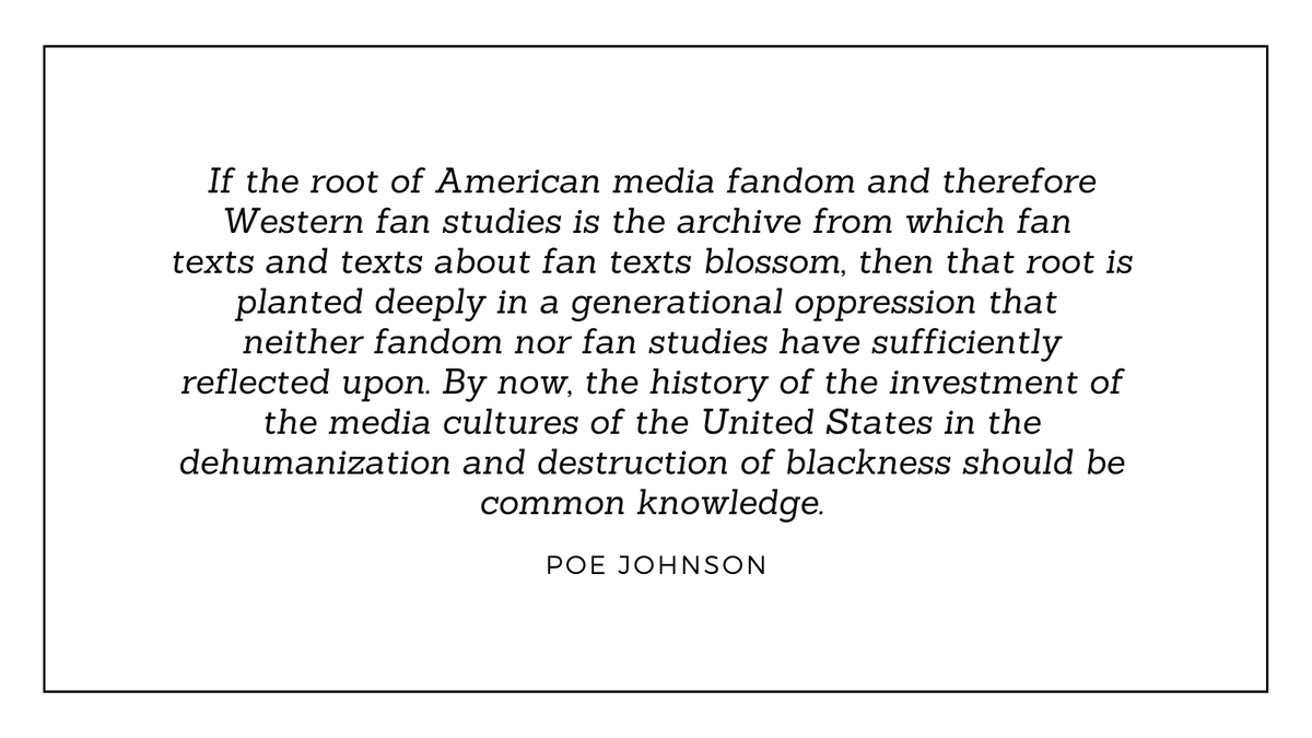 Continuing #FaASFriday's spotlight on <a href="/melstanfill/">Mel Stanfill</a>, and focusing on a key issue for fan studies, the article they recommend others' read is Transformative racism: The black body in fan works by Poe Johnson, available here journal.transformativeworks.org/index.php/twc/…