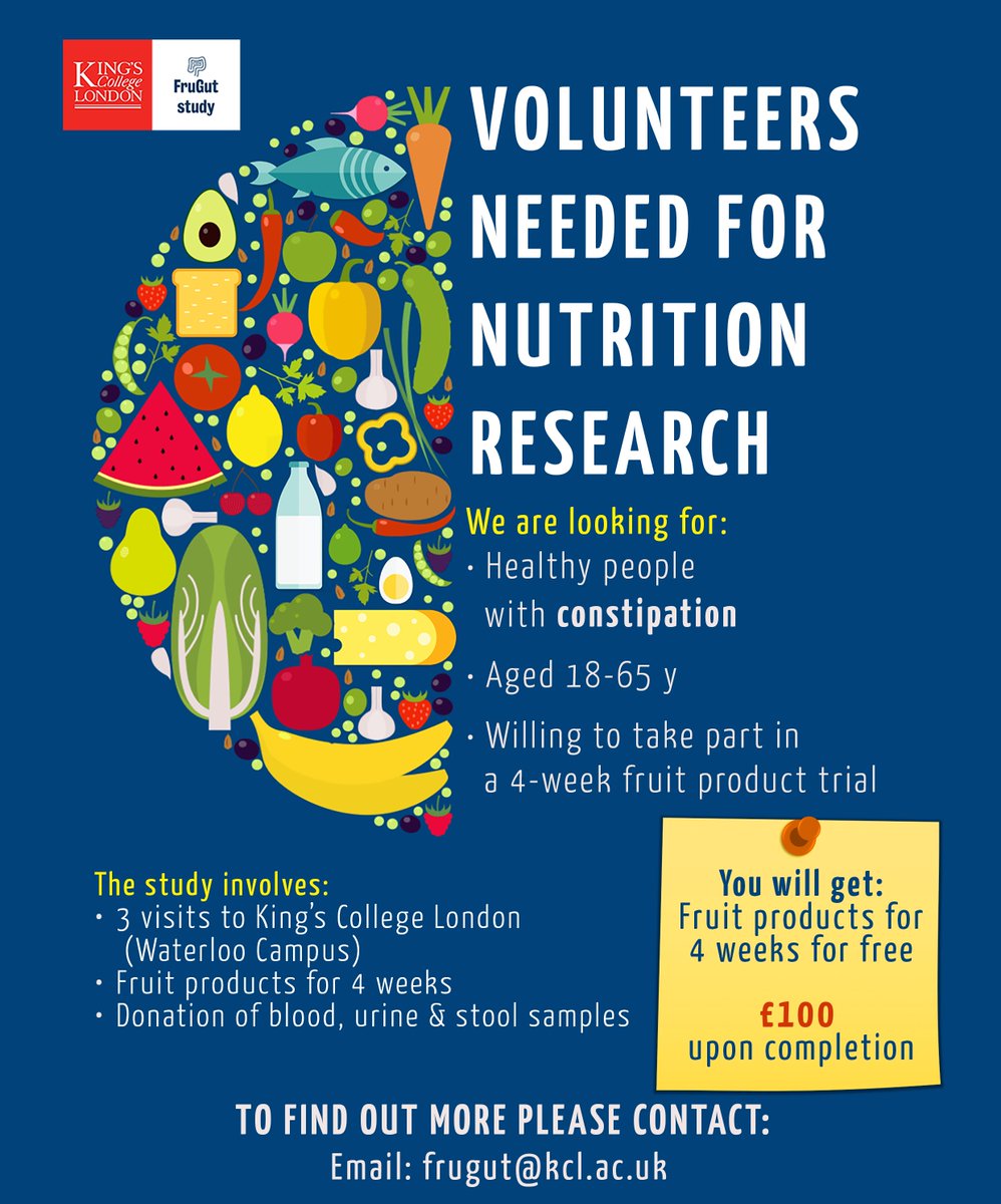 Help us investigate #diet in #constipation

Adults with constipation (but not IBS) in London area

➡️Consume fruit products for 4-weeks
➡️Provide blood, urine and stool samples
➡️Complete diaries and questionnaires

£100 on completion of study

More information➡️ frugut@kcl.ac.uk