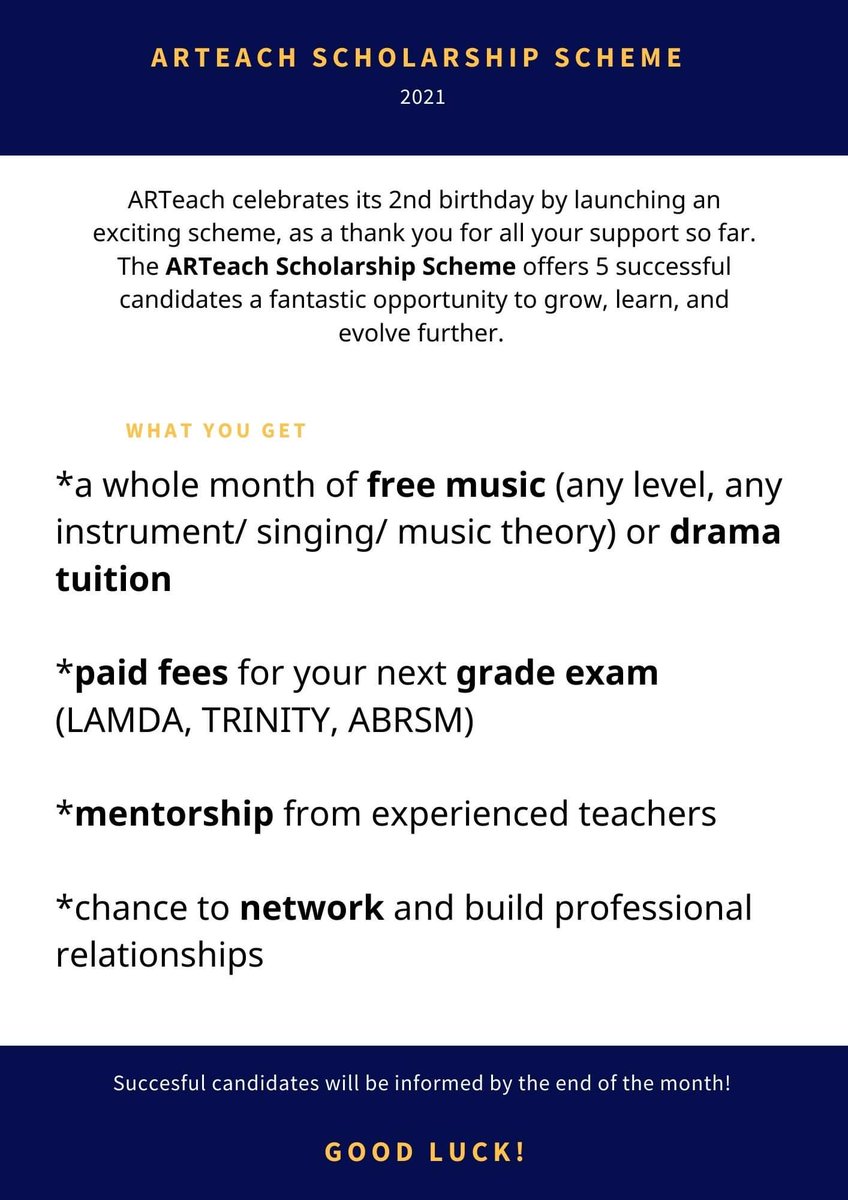ARTeach6's tweet photo. Apply for a month of free tuition and for your next grade exam fees to be by us!

#Scholarship #freetuition #gradexams #ScholarAlerts #opportunity #music #drama #onlinelearning https://t.co/qwaFme3XWj