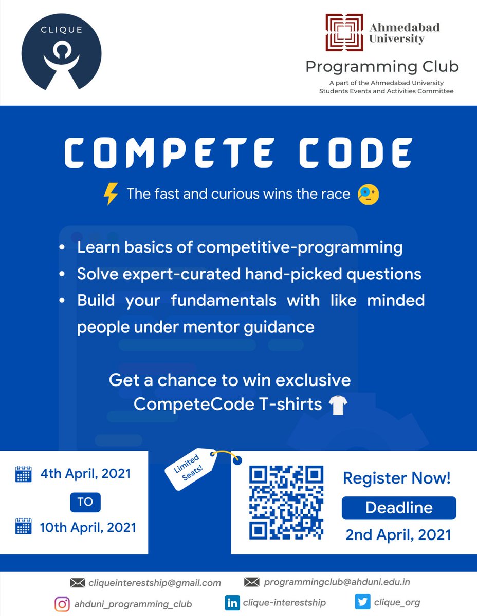 clique_org's tweet photo. Clique in association with the Programming Club of @AhdUniv is hereby all set to break this coding inertia in its upcoming event #CompeteCode!
For more event details and registration, do visit
https://t.co/jW907tgZNi
Registeration Deadline: 2nd April, 2021
#coding #event #tech https://t.co/AKUteoLDRV