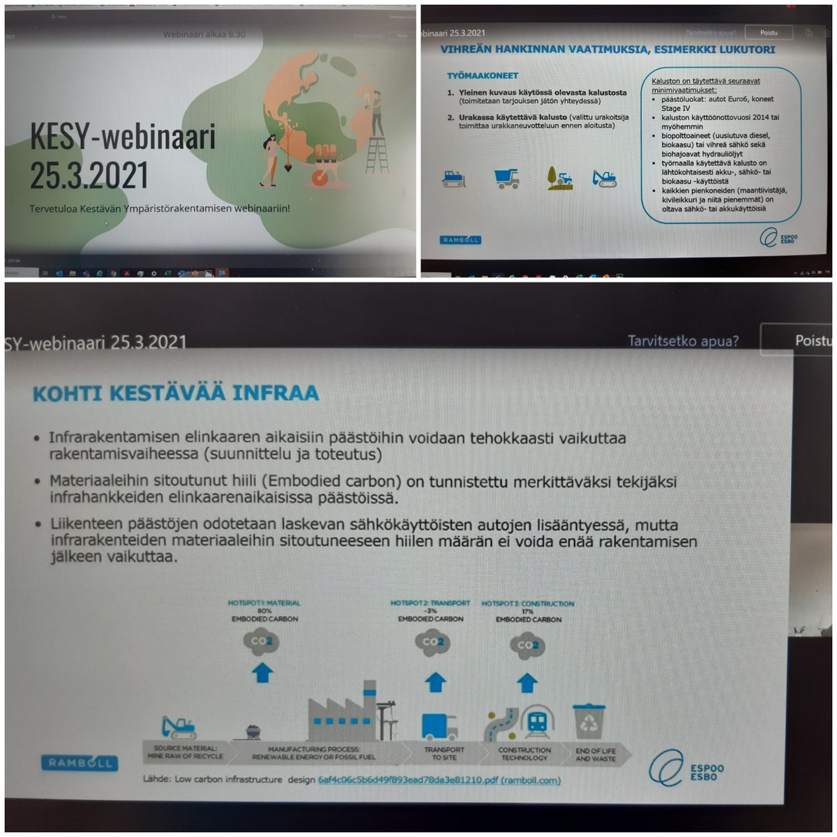 Viherympäristöliiton KESY/Kestävän Ympäristörakentamisen -webinaarissa esiteltiin Lukutorin päästötön työmaa -pilottia Ramboll asiantuntijoiden ja hankinta-juristin toimesta. Julkisilla hankinnoilla voidaan vaikuttaa! <a href="/hiilineutraalit/">Hiilineutraalit ja resurssiviisaat yritysalueet</a> <a href="/MakeWithEspoo/">Make with Espoo</a> <a href="/EspooEsbo/">Espoon kaupunki</a> @kakeespoo