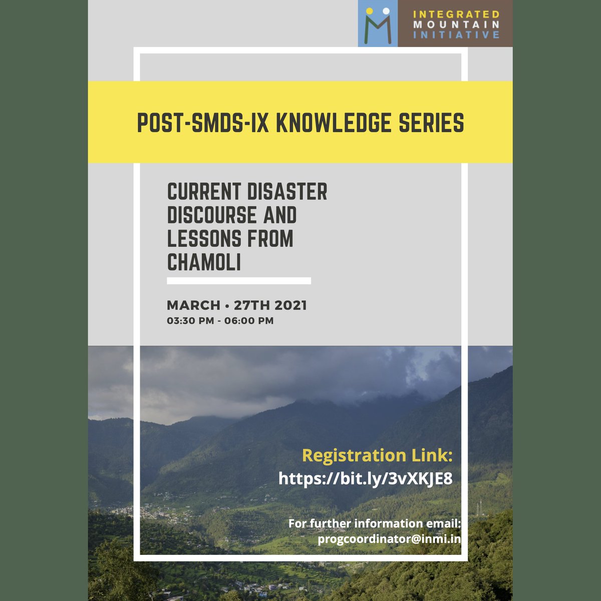 IMI_Info's tweet photo. In the light of the recent tragedy that unfolded in #Chamoli, #Uttarakhand, #IMI is hosting a session with the community and experts.
Register to discuss the challenges and gaps in the #disasterdiscourse here: https://t.co/uZjrzs1Pz4 Live stream on #FB.
#MountainsMatter https://t.co/6CZkspIpaM