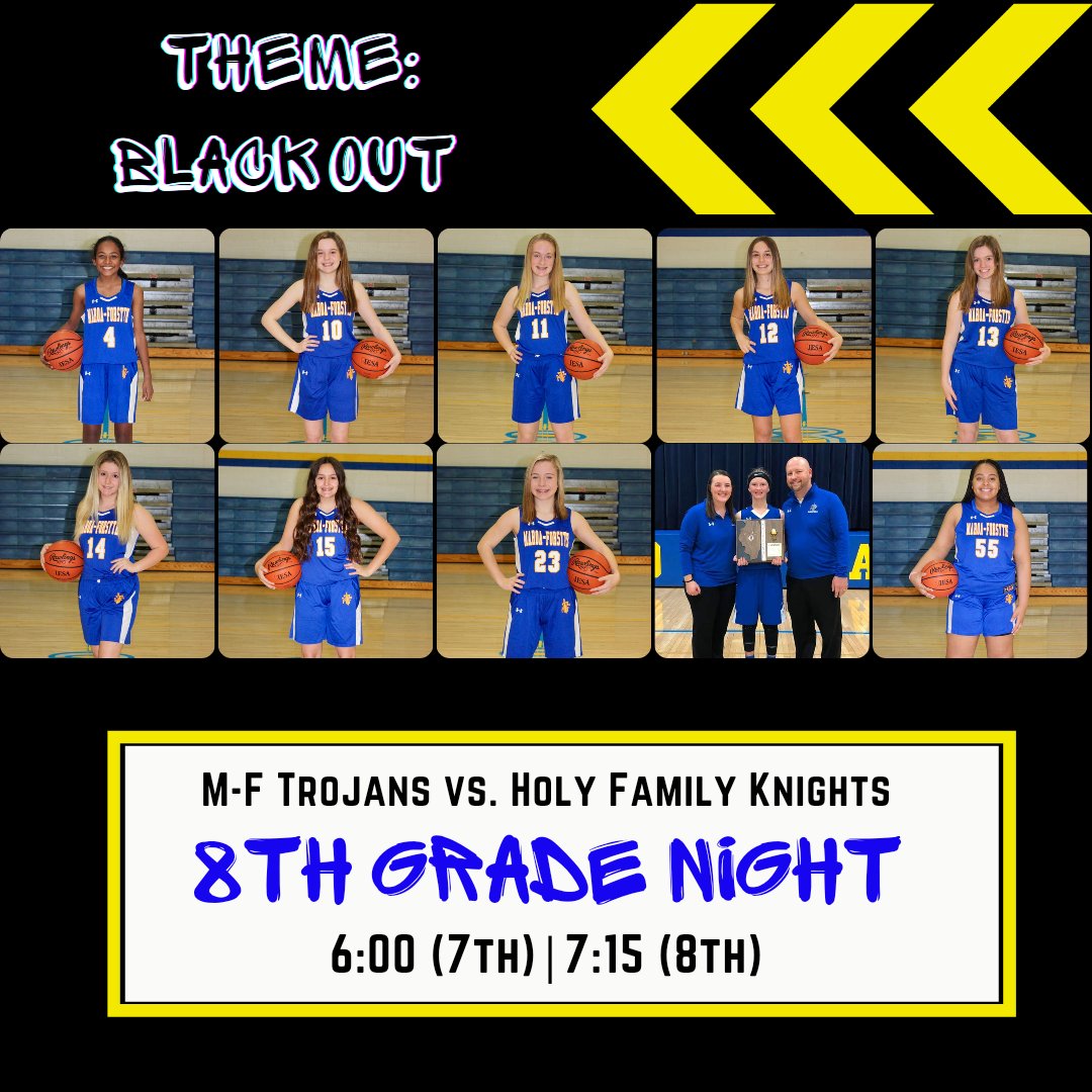 MFMSGirlsBball's tweet photo. 🏀IT'S GAME DAY!

💙@MFMSGIRLSBBALL 
🆚️ Holy Family 
🕑 6:00 (7th) | 7:15 (8th)
📍Home Game
8️⃣th Grade Night
⚫Theme: Black Out
▶️MFHS ATHLETICS 

🔗https://t.co/WRAChkIMAN

🔵ANY MFMS students or fully vaccinated adults (with card &amp; license) can attend without a ticket. https://t.co/oS96VC50Rz