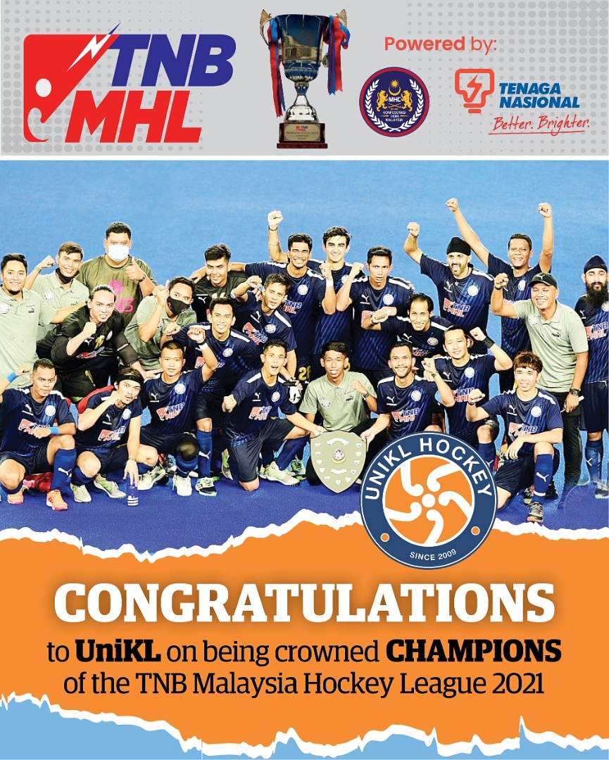 hockeymalaysia's tweet photo. Three in a row for UniKL when they were crowned CHAMPIONS of the TNBMHL2021. #TNBMalaysiaHockeyLeague2021
#TNBMHL2021 #MalaysiaHockeyConfederation 
#MalaysianHockey #MyHockey https://t.co/CatsOmWHYi