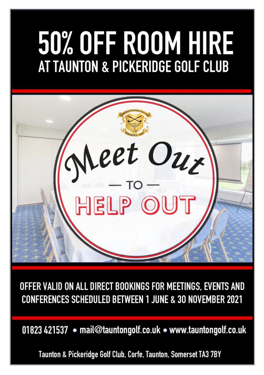 Tauntongolf's tweet photo. Meet Out To Help Out 🖊📕💻

In 2021 we are offering 50% OFF room hire for your meetings &amp; conferences! 

For further info on menus &amp; pricing, please follow the link below 👇🏼

🔗 - https://t.co/oOzOAIxRKH 

#TandP⛳️ #MeetOutToHelpOut🖊 https://t.co/ufEdfzQQCA
