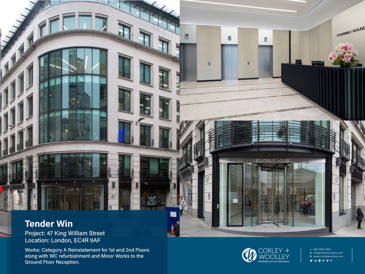 CorleyWoolley's tweet photo. 📢Tender Win❗ We are thrilled to have been selected to work with @Savills on the CAT A Reinstatement for 1st and 2nd Floors at 47 King William Street.  We are looking to forward to be working alongside Griffiths Design Consulting @Fanshawe @FHPESS 

#construction #contractor https://t.co/HWw2MfJcc6