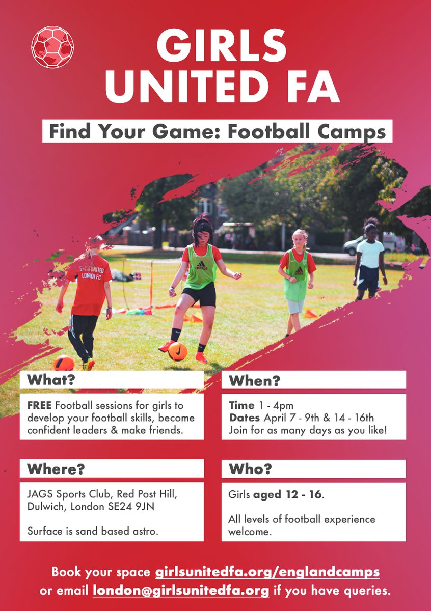 FREE EASTER  FOOTBALL CAMPS for 13 - 16 year old girls in South London! #FindYourGame with Girls United. Play football, make friends and have fun. 

All levels welcome 🔗 girlsunitedfa.org/englandcamps
