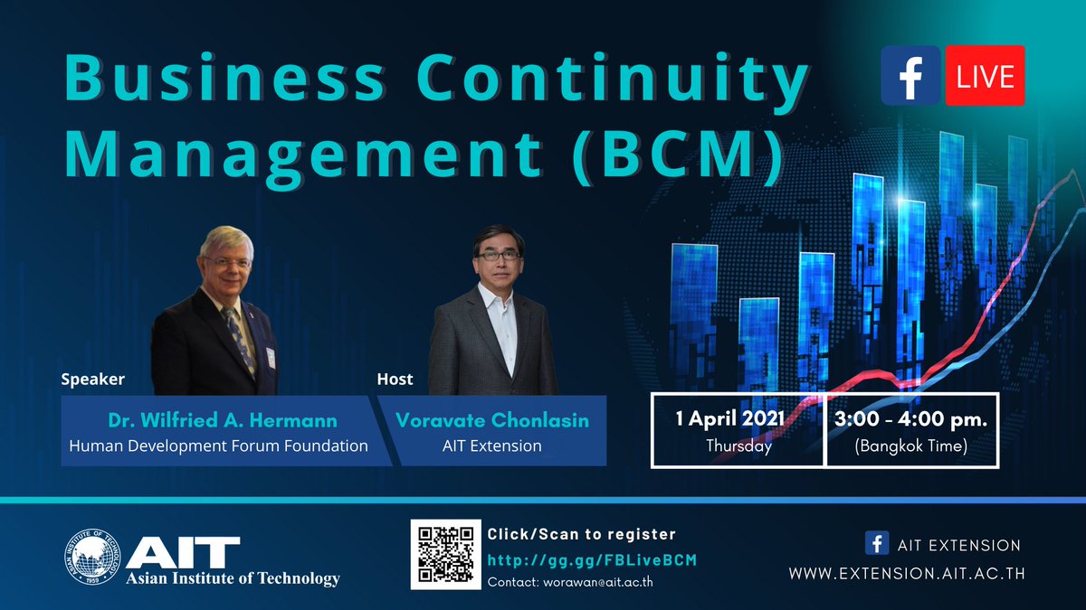 aitextension's tweet photo. 📢Hello Everyone!!!
We are pleased to announce AIT Extension will conduct Facebook Live event on:Business Continuity Management (BCM)”
 🗓Date: Thursday, 1 April 2021
⏱Time: 15.00 - 16.00 hours (Thailand time)

#aitextension
#AsianInstituteofTechnology
#AIT
#management https://t.co/dPIkrg1d5K