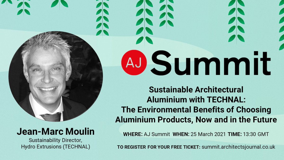 ArchitectsJrnal's tweet image. Learn about the environmental benefits of choosing sustainable architectural aluminium products, now and in the future with Jean-Marc Moulin, Sustainability Director for Hydro Extrusions from our event partner @TechnalUK by Hydro. Starting in 5 minutes at the #AJSummit #Stream2