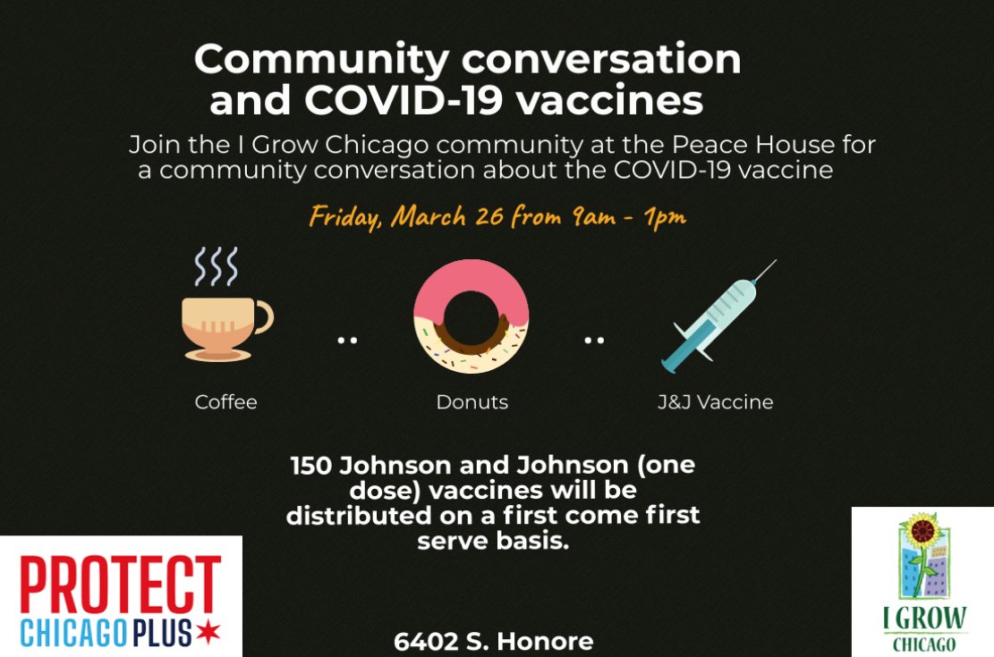 iGrowChi's tweet photo. Neighbors - please join us on Friday at the Peace House for coffee, donuts, conversation and an opportunity to get the J&amp;J vaccine. https://t.co/XA0oW5FnXd
