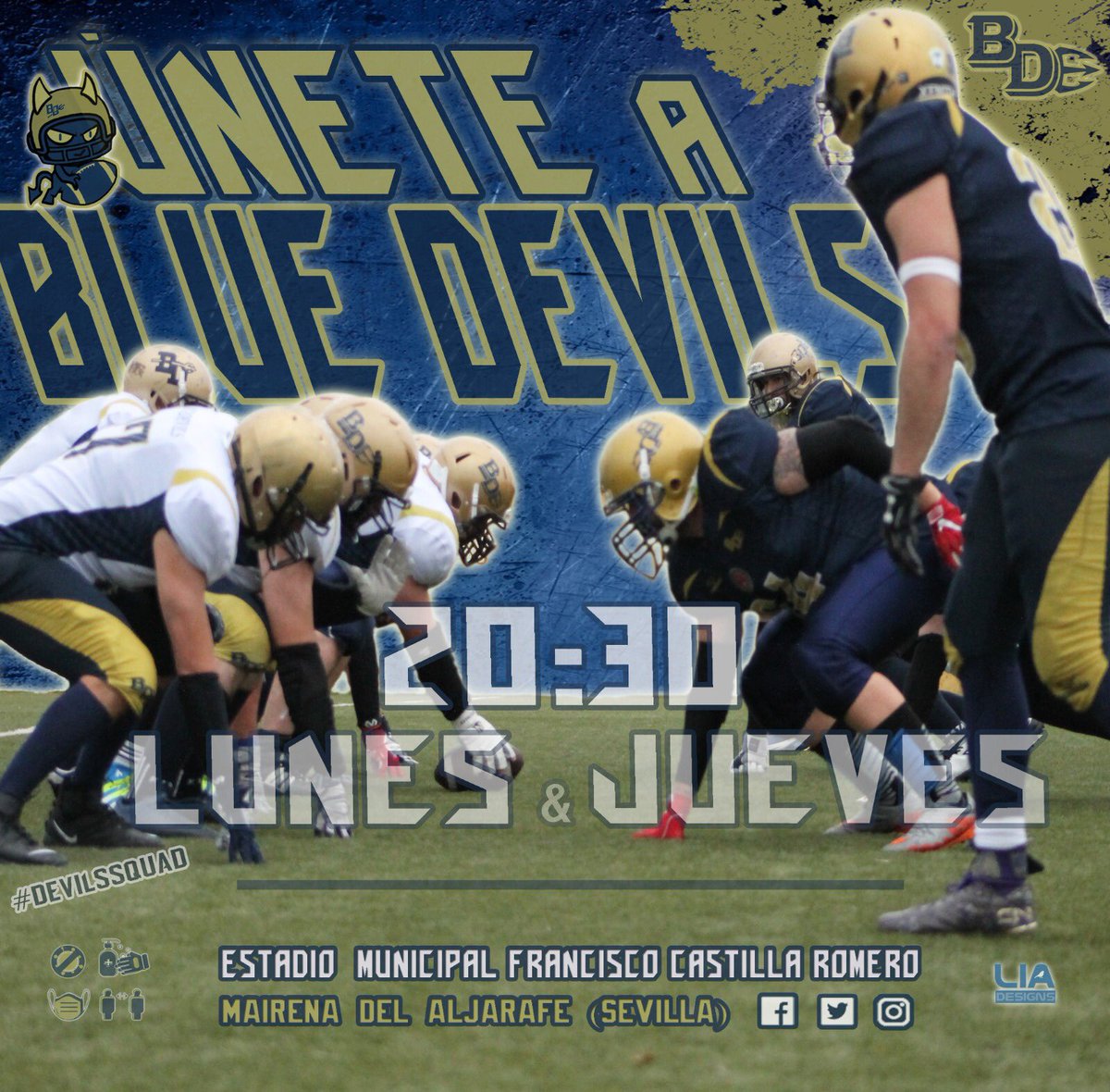 MBlueDevils's tweet photo. ¡ÚNETE A BLUE DEVILS! Ven y entrena con Blue Devils o pregunta por RRSS si te gusta el FÚTBOL AMERICANO o quieres conocer este gran deporte 😉🏈🔱 @MairenaAljarafe @FEFA_Spain @FAFA_Andalucia ✏️🖥 @liadkx #DevilsSquad  #FutbolAmericano #MairenaDelAljarafe #Sevilla https://t.co/tyoxheDSv5