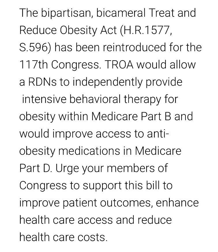 PsychoDietitian's tweet photo. π£ to my #dietitian #rdn friends: Tell your legislators the #value we will bring to #Medicare recipients if we could independently provide #intensive #behavioraltherapy #ibt for people with #obesity! Asking @TimScottSC @LindseyGrahamSC @NancyMace to support #TROA #HR1577 #S596 π https://t.co/XRwlBzhdGp