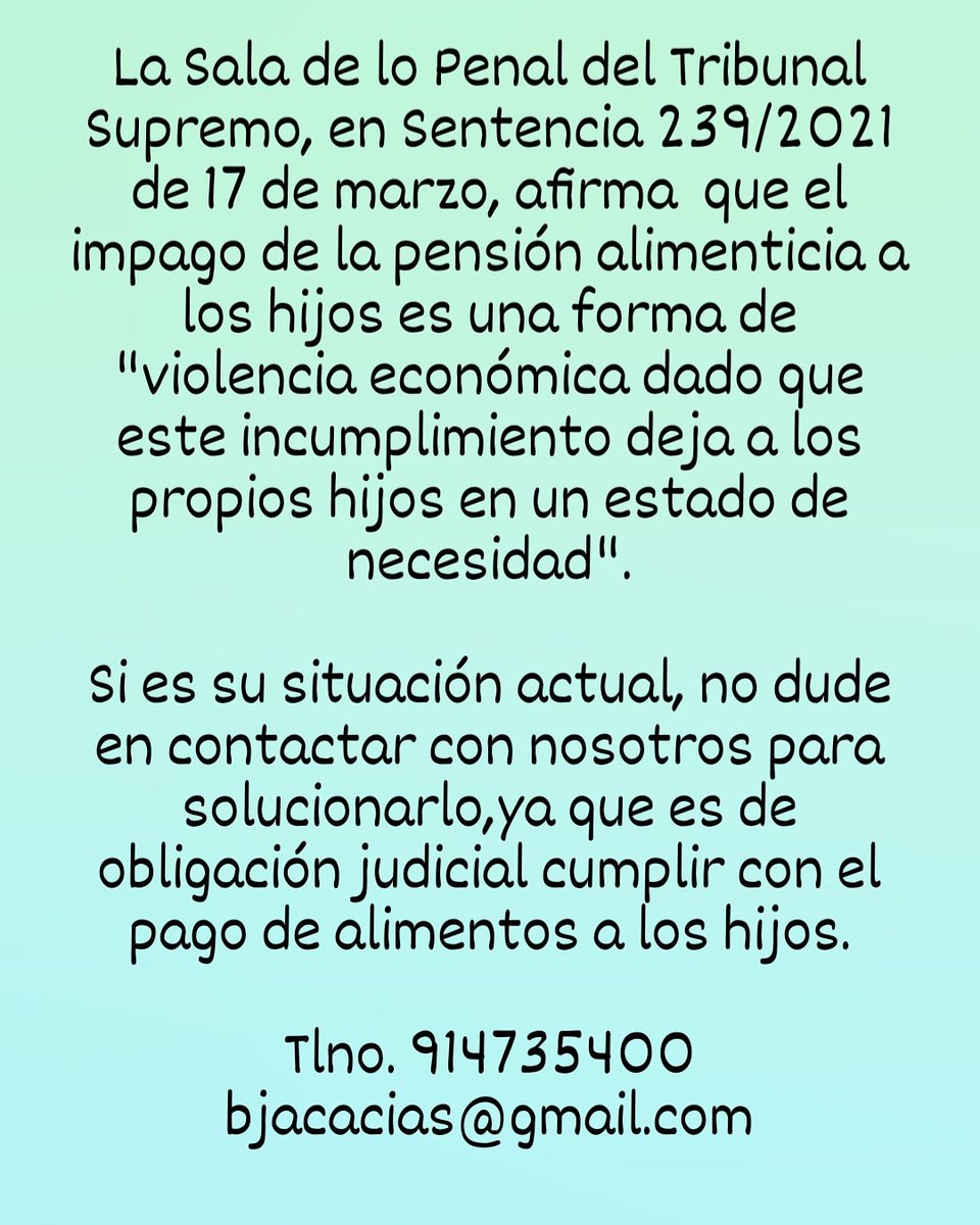 bjacacias's tweet photo. Noticia importante sobre el impago de las pensiones alimenticias a los hijos. Nosotros lo tramitamos vía judicial. No dude en contactar #bufetejuridicoacacias #bjacacias #bufeteacacias #abogadosmadrid #abogados #pensionalimenticia #pensiondealimentos #hijos https://t.co/kgeZuttrUV