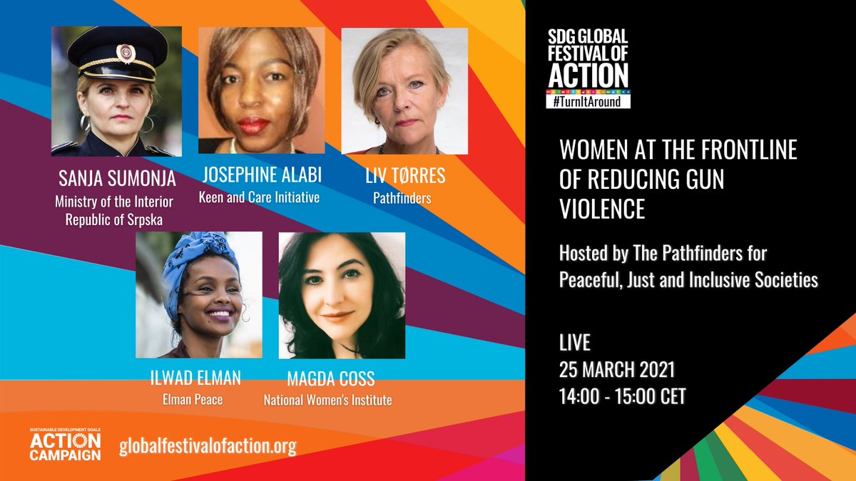 Sdg16Gensac's tweet photo. Live in one hour with these amazing women @LivToerres @IlwadElman @josephinealabi  and Sanja Sumonja leading voices for violence reduction and women's rights. Please join us by registering here: https://t.co/qrwZlqdlff #turnitaround #gensac @SDG16Plus https://t.co/RuTvKCwchg