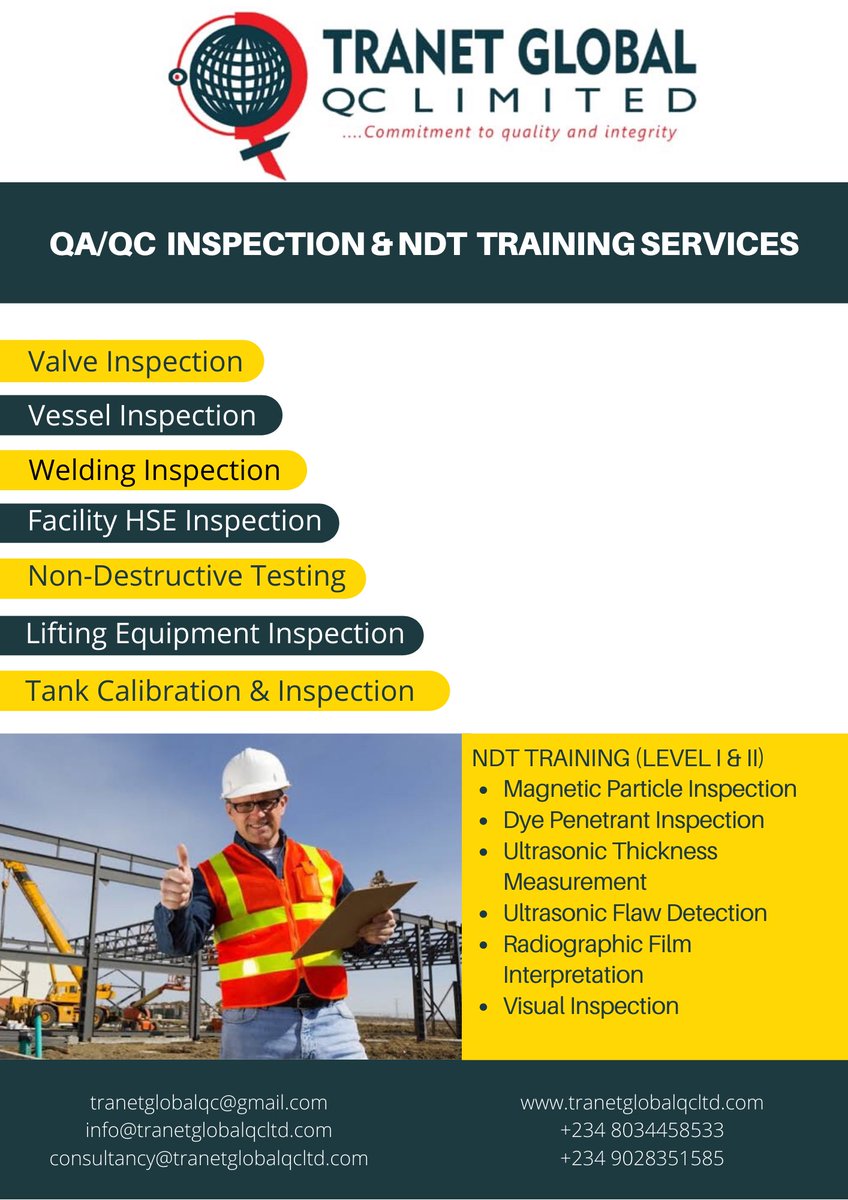 TranetGlobalQC's tweet photo. One of the fastest growing Nigerian QA/QC Inspection and Management System Consultancy Firm. @TranetGlobalQC https://t.co/FLCWumGxT5