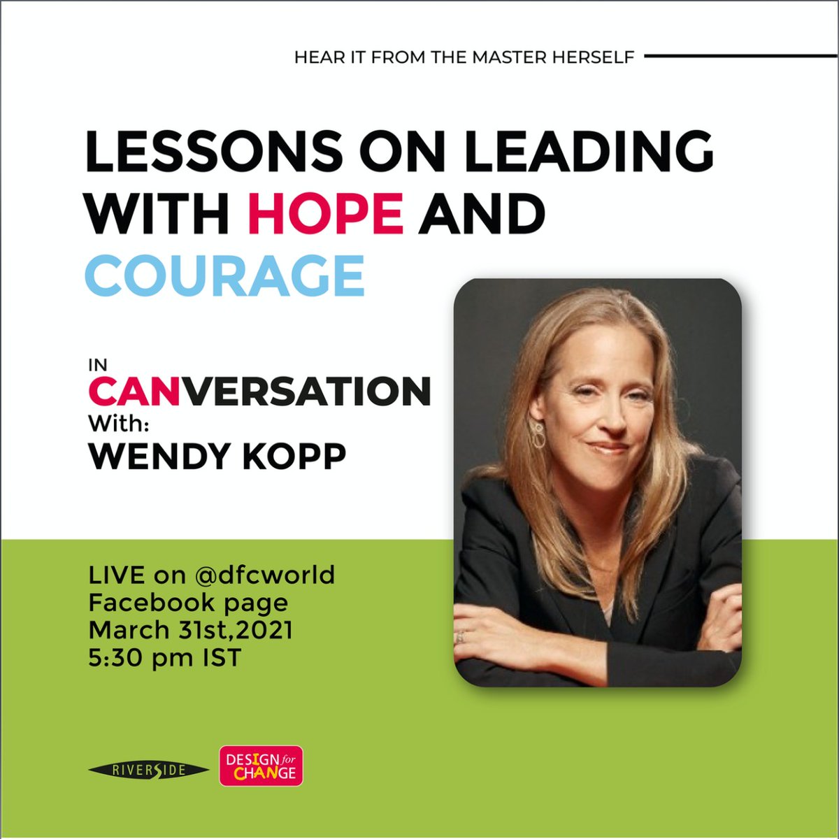 icandfc's tweet photo. There is a massive demand to bring back hope.
Who better than Wendy Kopp to share with us lessons on how to bring back hope and courage
.
.
.
#masterclass #wendykopp #lessonsofhope #lessonsofcourage #teachforall #postcovid #educationsystem #educationforall #FacebookLive https://t.co/9taLAb5WTc