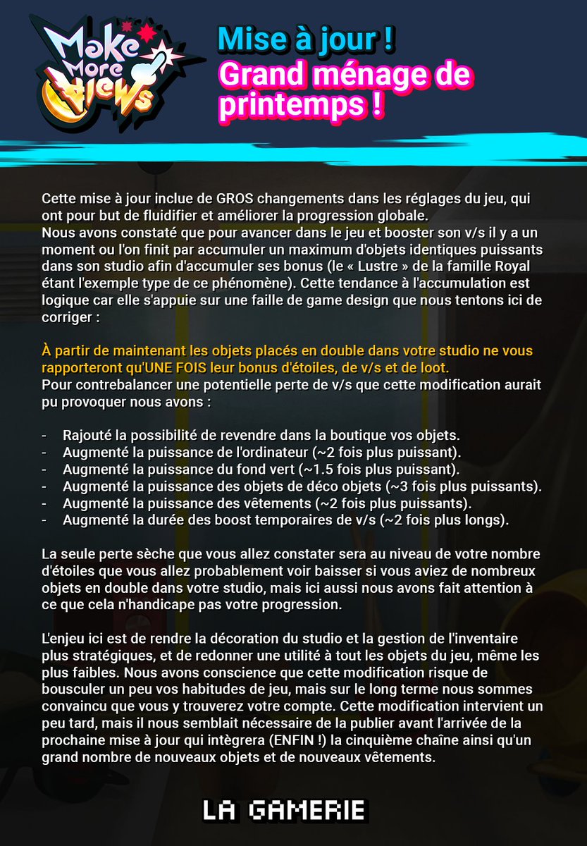 LaGamerieStudio's tweet photo. À partir de maintenant, les objets placés en double dans votre studio ne vous rapporteront qu'UNE FOIS leur bonus d'étoiles, de v/s et de loot, mais avec des contreparties, des objets plus puissants, pour mieux équilibrer le jeu : https://t.co/6U3yqh20z5