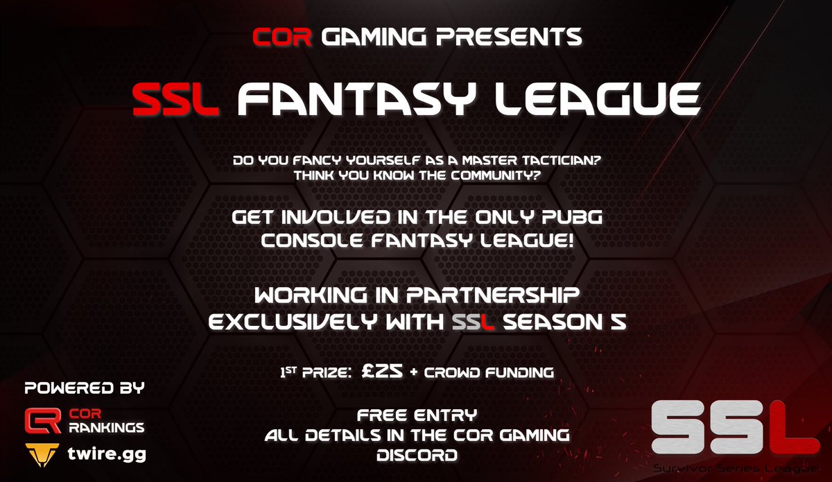 CoR_GG's tweet photo. We are running our first Fantasy League for PUBG Console alongside @SSLPUBG! It’s completely FREE to enter, with a prize of £25+ for 1st place! Check out all the information in our discord here: https://t.co/y33Vp6TxXe

Data powered by @TwireGG_PUBG and CoR Rankings https://t.co/Jzx5A9Aj0z