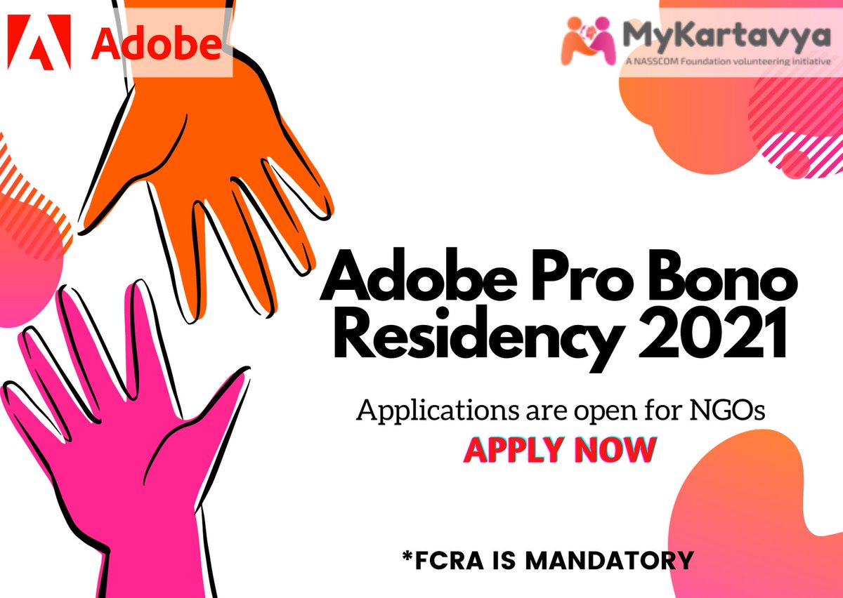 MyKartavya's tweet photo. Are you an #NGO with FCRA and looking for #skilled #volunteers?  If yes. this is the perfect #opportunity for you ! We are back with Adobe Pro Bono Residency 2021. #Apply now - https://t.co/MlT3Ua07sg https://t.co/Qav8Mtu8D8