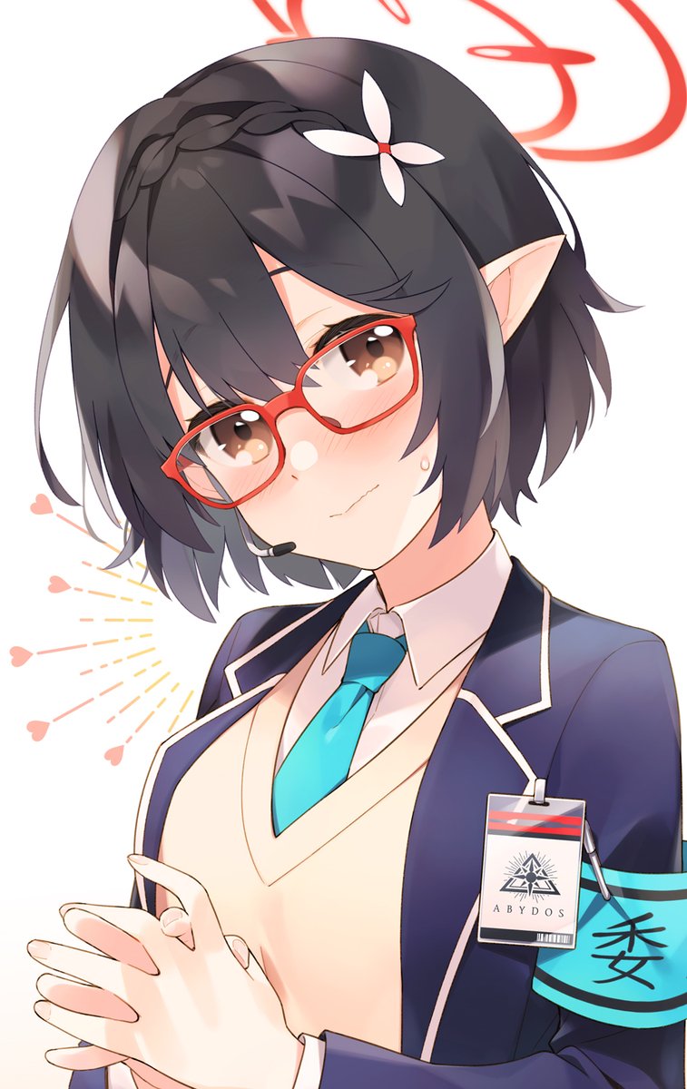 1girl pointy ears halo solo armband glasses black hair  illustration images