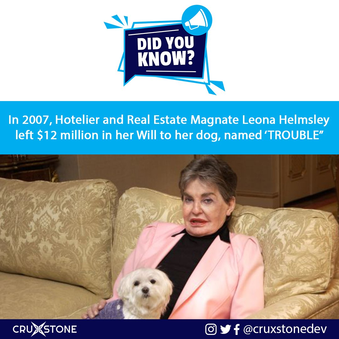 CruxstoneDev's tweet photo. In 2007, hotelier and real estate magnate Leona Helmsley left $12 million in her will to her dog, named 'TROUBLE'.

The pampered pooch, died 3 years later.

Question: What do you think should have been done with the $12m Trouble left behind?

Drop your thoughts in the comment. https://t.co/rKDJlbSSvq