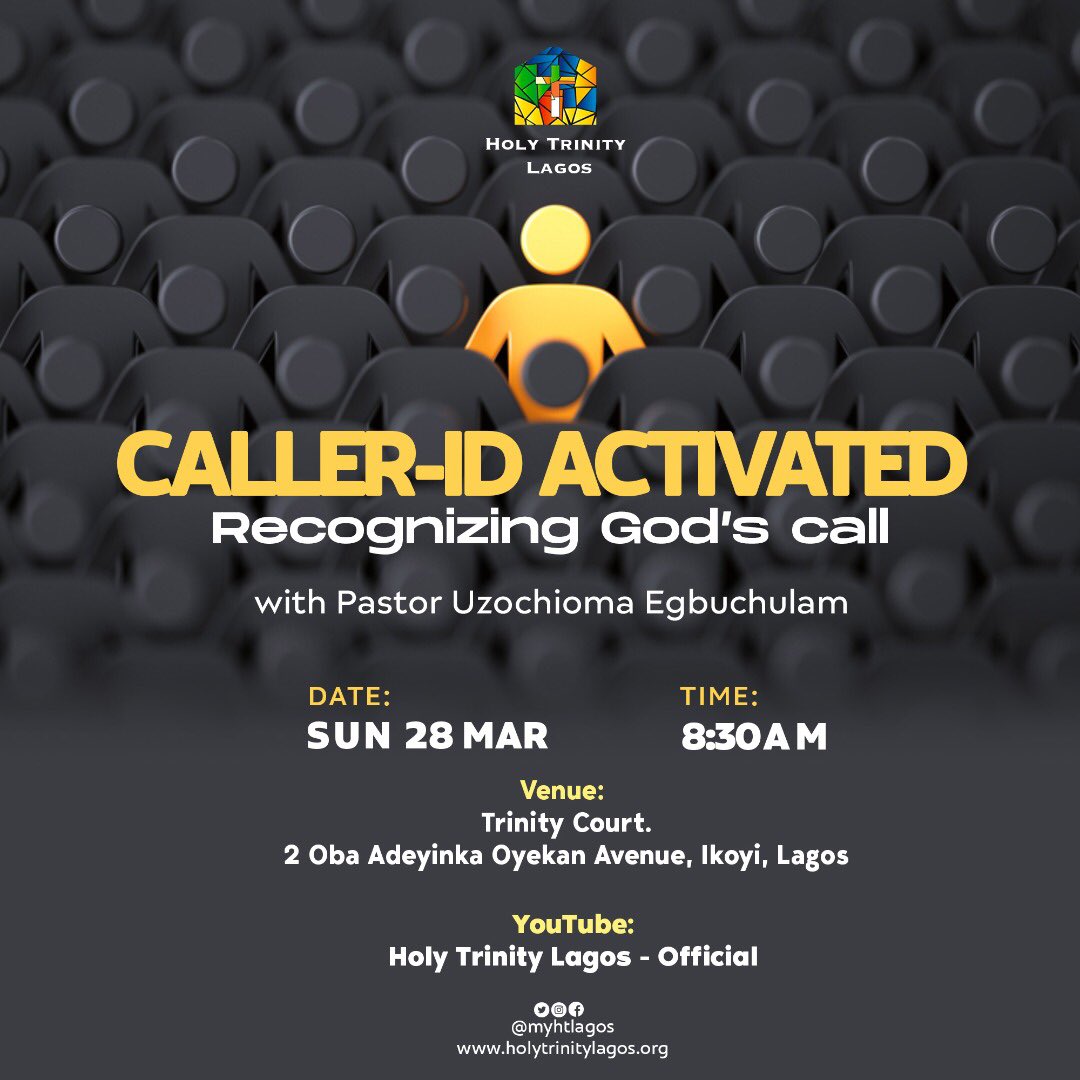 myhtlagos's tweet photo. Join us, this Sunday, as Pastor Uzochioma Egbuchulam brings us the word on, “Caller ID Activated: recognizing God’s call”.

Time: 8:30 a.m.
 
Registration is required for you to be a part of this service. Please, use the link below:
https://t.co/zBzXl7XHMy

See you there!!! https://t.co/HtVi3wiqlt