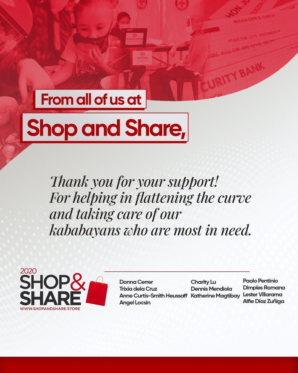 shopandshareph's tweet photo. In hopes of truly flattening the curve and helping our kababayans who are most in need, in the sectors of the urban poor and working groups, we have decided it is best to donate the rest of the proceeds of Shop and Share to LGUs and an organization that now https://t.co/uSReYNHlwK