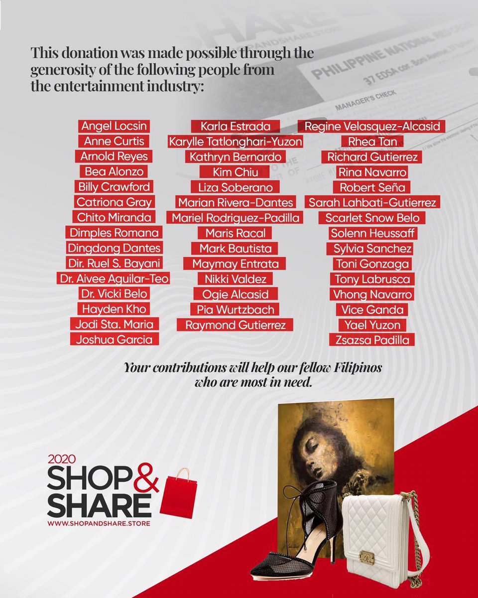 shopandshareph's tweet photo. In hopes of truly flattening the curve and helping our kababayans who are most in need, in the sectors of the urban poor and working groups, we have decided it is best to donate the rest of the proceeds of Shop and Share to LGUs and an organization that now https://t.co/uSReYNHlwK