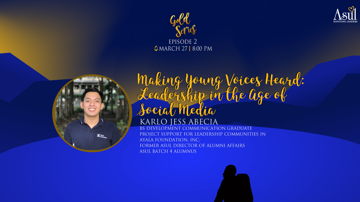 ateneoleaders's tweet photo. Come and learn more about leadership in today's generation from one of our ASUL Alumni, Karljess Abecia, this coming Saturday, March 27 at 8:00 PM.

Exciting games and prizes await you. See you there!

Are you excited? 💙

#GOLDSeriesEpisode2
#ASUL12
#VentureIntoNewDiscoveries https://t.co/BZU5KWEZ8k