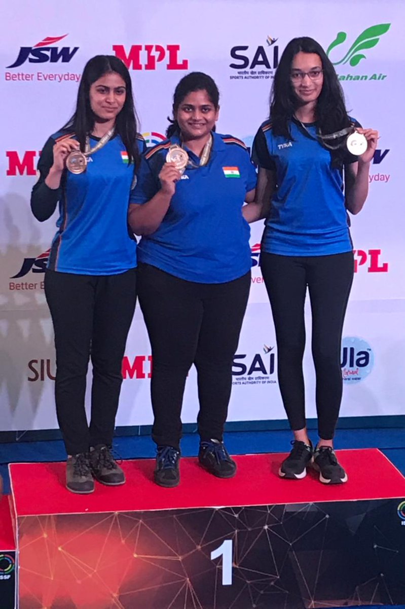 Media_SAI's tweet photo. What a great performance by our Women’s 25m pistol team of @SarnobatRahi, @realmanubhaker and @ChinkiYadav4 to win the 🥇 at the @ISSF_Shooting World Cup after a 17-7 win over Poland. 
Many congratulations!!! #JeetengeOlympics #Shooting #Tokyo2020 https://t.co/aaR6P9RSre