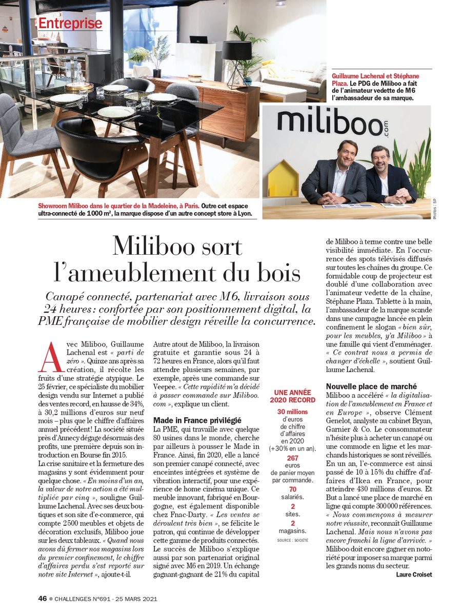 miliboo's tweet photo. "@miliboo a accéléré la #digitalisation de l'#ameublement en France et en Europe" 
À découvrir dans le portrait paru dans @Challenges - cc @LaureCroiset https://t.co/5FNhwbXCks