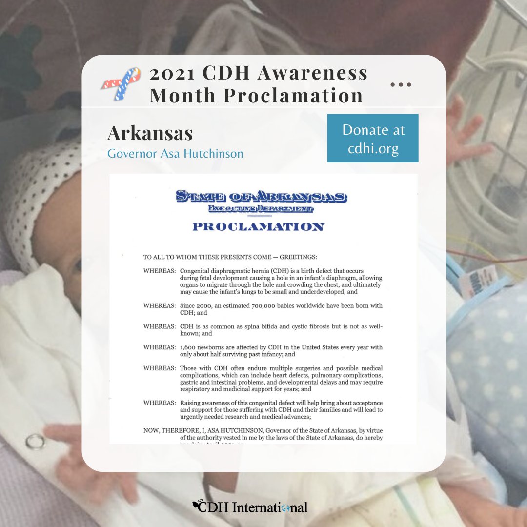 cherubs's tweet photo. Arkansas proclaims April 2021 CDH Awareness Month 

Read more at https://t.co/qfNiWnkBRm

#cdh #cdhawareness #savethecherubs #cdhi #congenitaldiaphragmatichernia #cdhinternational #cdhsupport  #proclamation #arkansas #cdhnews #raredisease #patientadvocacy #cdhawarenessmonth https://t.co/lVCj6e6VQY
