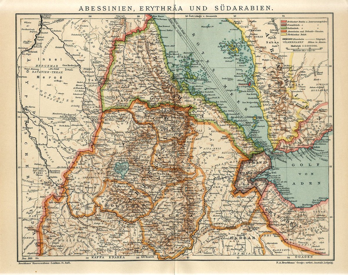 EthioHeritage's tweet photo. An interesting German map showing the horn of Africa in 1910. It is one of the earlier maps I have seen depicting the historic provincial borders of the empire before the Haile Selassie era of the 14 provinces.  
#Ethiopia https://t.co/2elHudGlnB