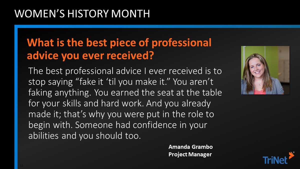 TriNet's tweet photo. Follow us for more daily inspiration from the women of TriNet, in honor of Women’s History Month!
#WomensHistoryMonth #womenleaders #IncredibleStartsHere #TriNetLife #TriNetColleagues #companyculture #diversityandinclusion #inspirationalthoughts #inspirationalpost https://t.co/fQY4t6YdUv