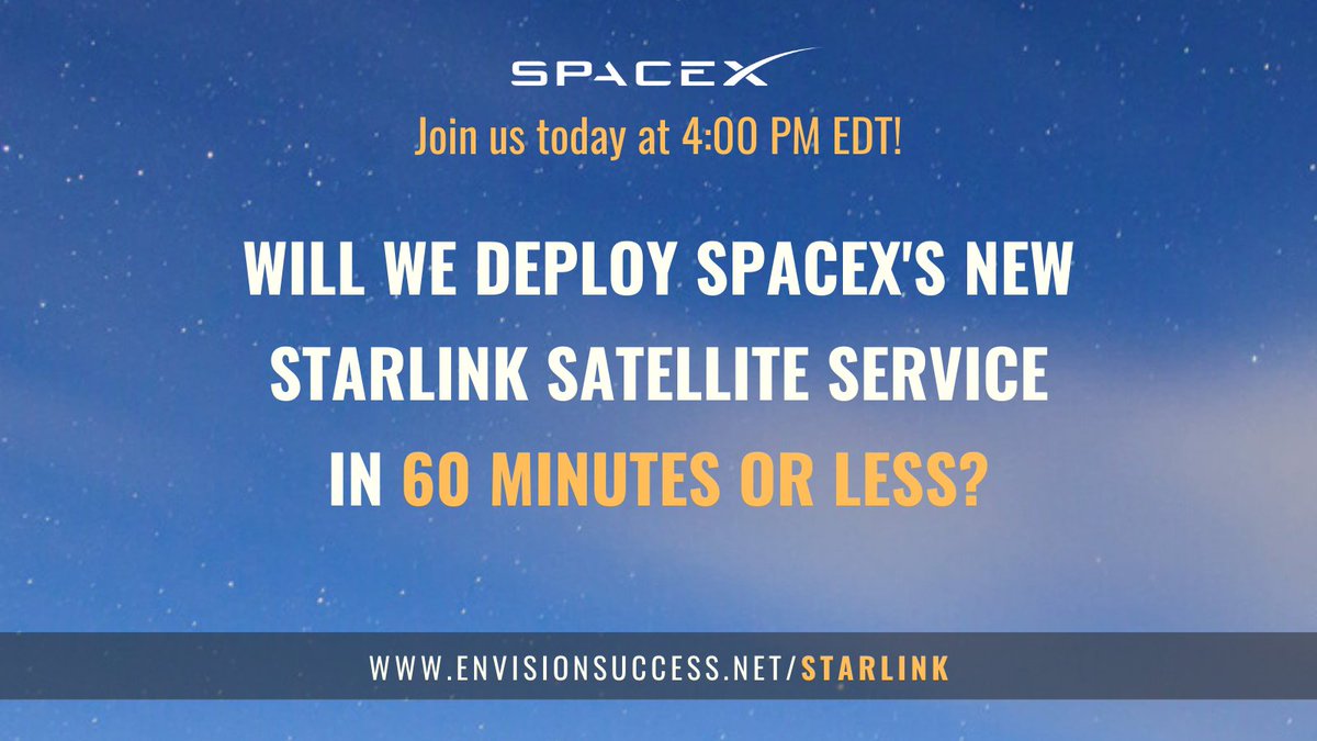 envisiontech's tweet photo. TODAY is the day!

There's still time to register to be a part of the fun at 4PM EDT as our team will attempt to deploy the #Starlink internet service &amp; reconnect our Cloud-Native Office Module to Starlink LIVE in just 60 minutes.

Learn more &amp; register at https://t.co/qb3AhWkLTK https://t.co/uw9DXV4nva