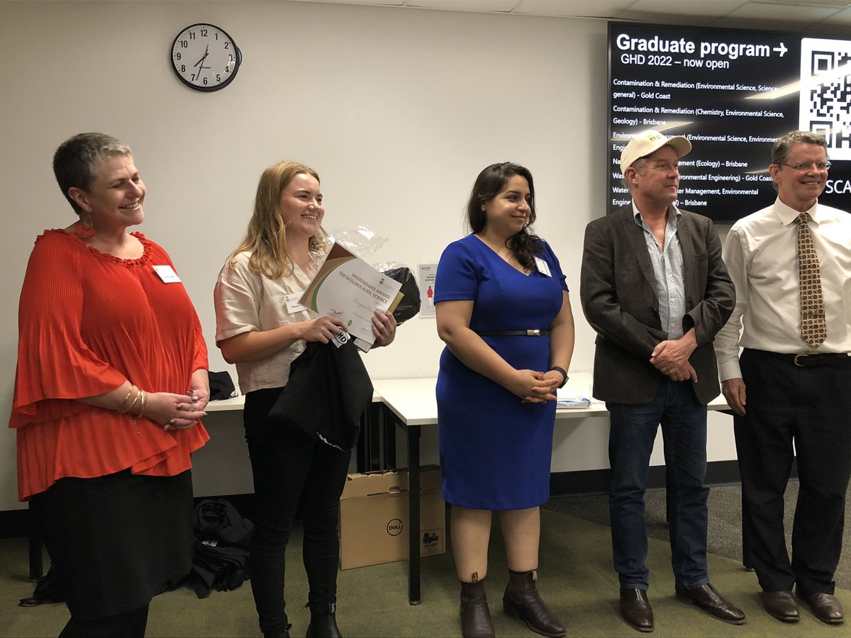 georgina_W2O's tweet photo. @SoilScienceAust Queensland student awards event. Congratulations to the finalists & overal winner of the undergraduate award for excellence in soil, Megan Hunter from @UQ_News. The event also featured guest speakers #QLDChiefScientist #GHDconsulting & sponsor ALS @QldFarmers https://t.co/3tzPQSW29L