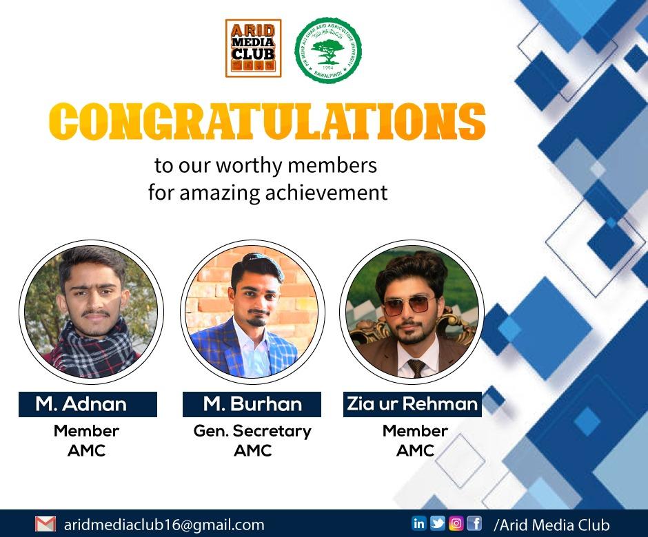 AridMediaClub's tweet photo. Arid Media Club is elated with amazing achievement of our worthy members #Zia_ur_Rehman 
#Muhammad_Adnan 
#Muhammad_Burhan
They had Participated in online competiton organized by ALS of Agriculture University Faisalabad and got positions.
#Congratulations!
#Team_Arid_Media_Club https://t.co/ttq9uaBAlh