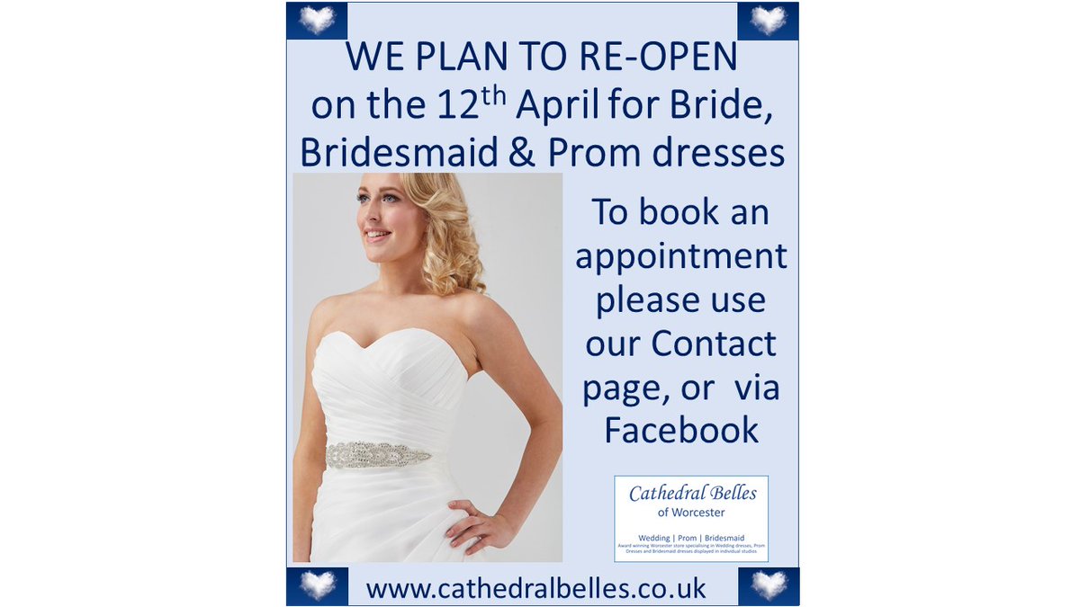 #bridetobe #bride #bridesmaid #prom We hope your  #wedding &amp; #prom plans are underway at last! We expect to re-open on the 12April so DON'T DELAY, please book your exciting appointment with us now - cathedralbelles.co.uk #WorcestershireHour #Worcester #whataboutweddings
