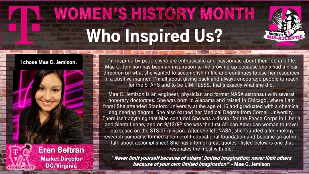 "Women's History Month Spotlight"
The Mighty Mid-Atlantic would like to take a moment &amp; recognize <a href="/SellPhones4/">EB</a> 
Eren is the Market Director for #TheCrownOfTheMidAtlantic &amp; she tells us who inspired her this #WomensHistoryMonth
#MMA