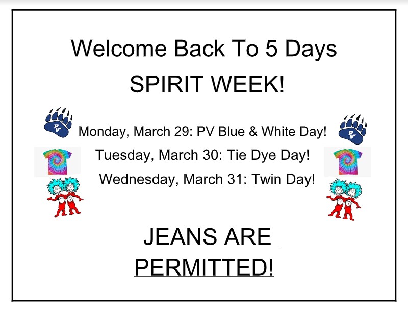 PV_MiddleSchool's tweet photo. We will welcome all our students back next week! As we kick things off, we're adding dress down days as we get started. Please see the schedule of what to wear below! https://t.co/DJyOMsKKnw