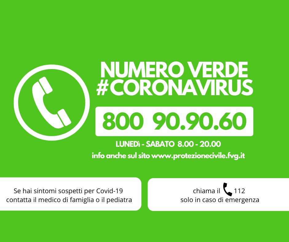 📲⚠️8⃣0⃣0⃣9⃣0⃣9⃣0⃣6⃣0⃣ è il numero da comporre per le informazioni di carattere tecnico-sanitario sull'emergenza #coronavirus 
Il 1⃣1⃣2⃣ invece è il numero unico di🆘emergenza🆘
L'8⃣0⃣0⃣5⃣0⃣0⃣3⃣0⃣0⃣ è la Sala Operativa  #protezionecivile #FVG che non fornisce info per #COVID19