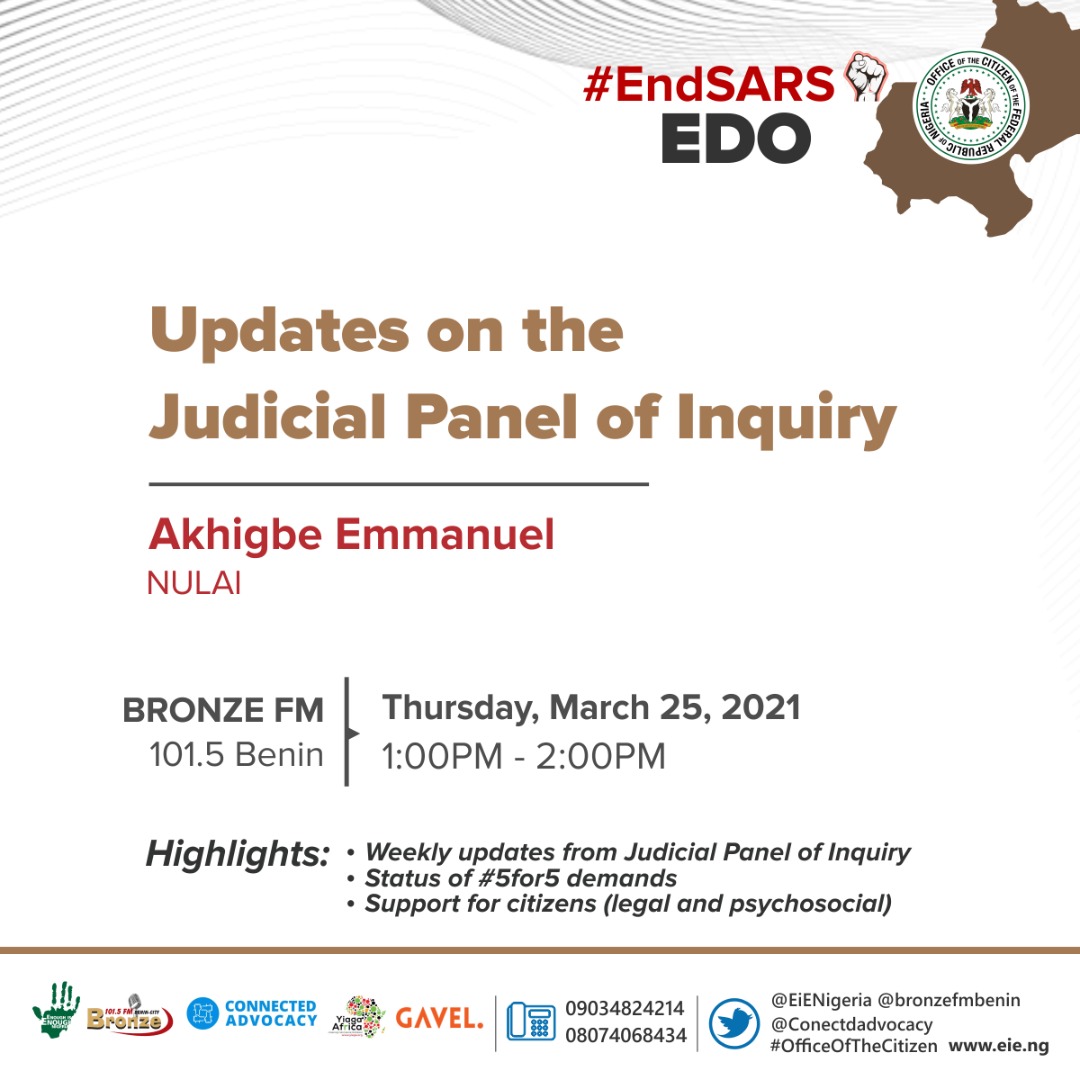 We are LIVE on <a href="/bronzefmbenin/">Bronze 101.5 FM</a> with Akhigbe Emmanuel discussing updates from the #EndSARS judicial panel of inquiry. Tune in!
#OOTCEdo
#5for5
#OfficeOfTheCitizen
