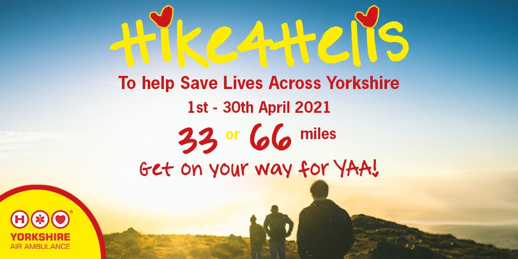 Looking for a new challenge to take on in April? Why not join <a href="/YorkshireAirAmb/">Yorkshire Air Ambulance</a> Hike4Helis and challenge yourself to complete either 33 miles which is air miles between our Nostell and Topcliffe airbases or do the return journey as well and do 66! yorkshireairambulance.org.uk/get-involved/e…